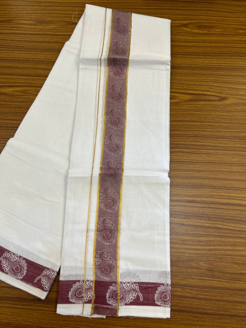 20% Discount ! Kaitharikada Balaramapuram 100% Pure Cotton Double Pure White Mundu/Dothi - 100x100 - 1.75 inch Gold Kasav Maroon Feather Design jacquard Kara 3.80 mtr (8 muzham) - 66 KK5299 THI