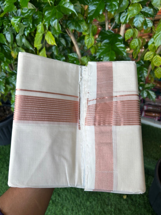 25% DISCOUNT!! KaithariKada HANDLOOM Millpaav Balaramapuram - 100% PURE Cotton OFF White Double (Unbleached) Mundu/Dothi - 80x90 - 2 Inch Copper Kasavu Stripes Kara 4 mtr (8.5 muzham) - 23KK5234 RAM