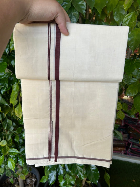 25% Discount KaithariKada HANDLOOM Millpaav Balaramapuram - 100% PURE Cotton OFF WHITE (Unbleached) Double Mundu/Dhoti - 80X90 - Puliyilakkara 1 cm Dark Maroon Chutty Kara 4 mtr (8.5 muzham)- 20KK5234 RAM