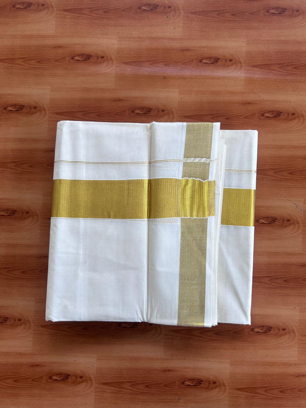 Off White (Unbleached) Double Mundu/Dhoti - 20% Discount ! KaithariKada - Mixed cotton - 80x72 - 2 inch Gold Kasav Kara 4 mtr (8.5 muzham) - 11 KK5514 VIN