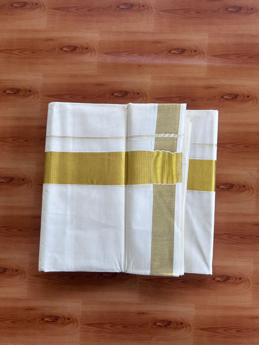 Off White (Unbleached) Double Mundu/Dhoti - 20% Discount ! KaithariKada - Mixed cotton - 80x72 - 2 inch Gold Kasav Kara 4 mtr (8.5 muzham) - 11 KK5514 VIN