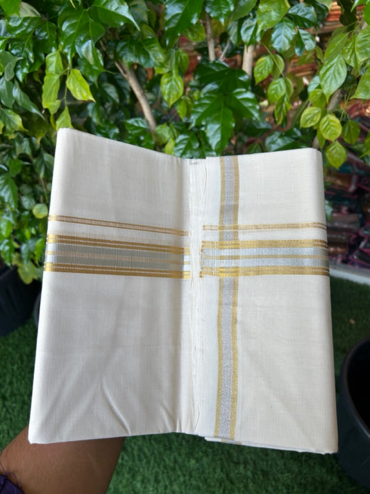 25% DISCOUNT ! KaithariKada HANDLOOM MILLPAAV Balaramapuram - 100% PURE Cotton Off White - (Unbleached) Double Mundu/Dhoti - 80X90 - 1 inch Gold Kasavu & Silver Kasavu Stripes Kara 4 mtr (8.5 muzham) - 32KK5234 RAM
