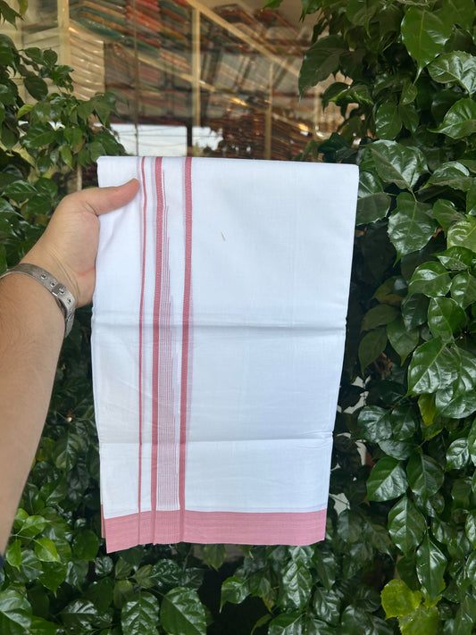 20% Discount ! Kaitharikada Balaramapuram 100% Pure Cotton Double Pure White Mundu/Dhoti - 100x80 - 1.25 inch Dusty Rose shaded striped chutty 3.90 mtr (8.5 muzham) - 108 KK5361 PMC