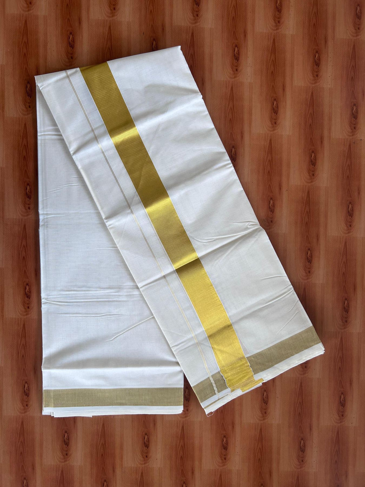 Off White (Unbleached) Double Mundu/Dhoti - 20% Discount ! KaithariKada - Mixed cotton - 80x72 - 2 inch Gold Kasav Kara 4 mtr (8.5 muzham) - 11 KK5514 VIN