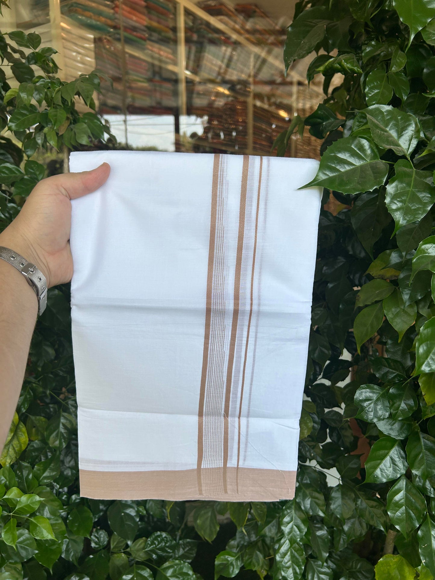 20% Discount ! Kaitharikada Balaramapuram 100% Pure Cotton Double Pure White Mundu/Dhoti - 100x80 - 1.25 inch Light Brown shaded striped chutty 3.90 mtr (8.5 muzham) - 113 KK5361 PMC