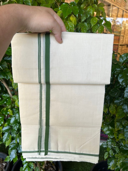 25% Discount KaithariKada HANDLOOM Millpaav Balaramapuram - 100% PURE Cotton OFF WHITE (Unbleached) Double Mundu/Dhoti - 80X90 - Puliyilakkara 1 cm Green Chutty Kara 4 mtr (8.5 muzham)- 19KK5234 RAM
