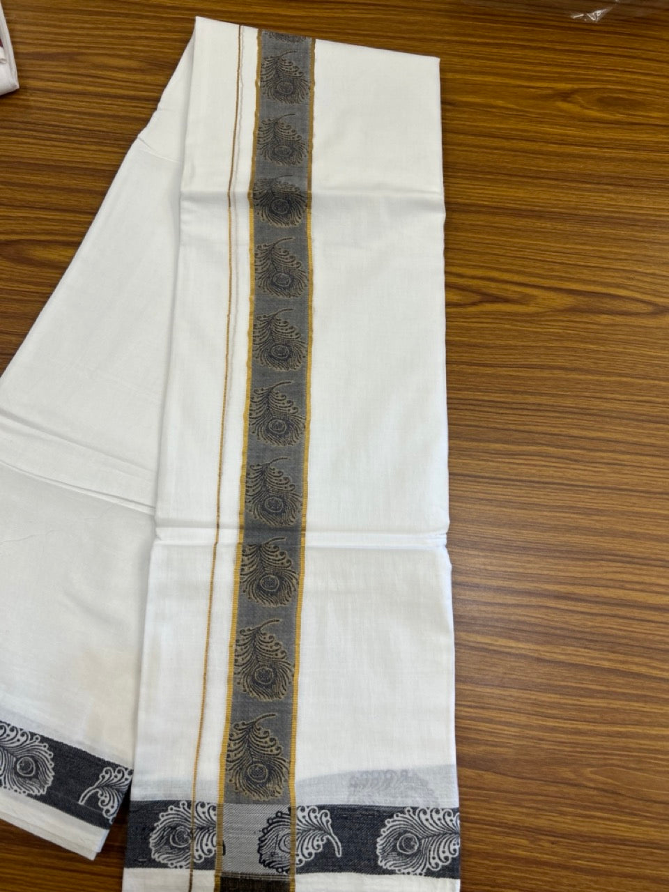 20% Discount ! Kaitharikada Balaramapuram 100% Pure Cotton Double Pure White Mundu/Dothi - 100x100 - 1.75 inch Gold Kasav Black Feather Design jacquard Kara 3.80 mtr (8 muzham) - 65 KK5299 THI