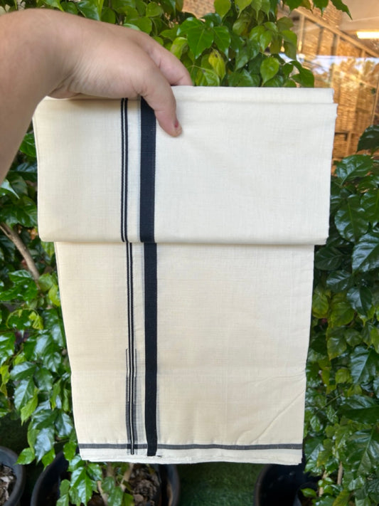 25% Discount KaithariKada HANDLOOM Millpaav Balaramapuram - 100% PURE Cotton OFF WHITE (Unbleached) Double Mundu/Dhoti - 80X90 - Puliyilakkara 1 cm Black Chutty Kara 4 mtr (8.5 muzham)- 21KK5234 RAM