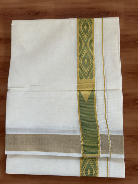 Double Off White (Unbleached) Mund/Dhoti - 20% Discount! KaithariKada Balaramapuram - Mixed Cotton (60s) - 1.5 inch Kasav Green Jacquard design chutty Kara 4.00 mtr (8.5 Muzham) - 10 KK5398 PMC