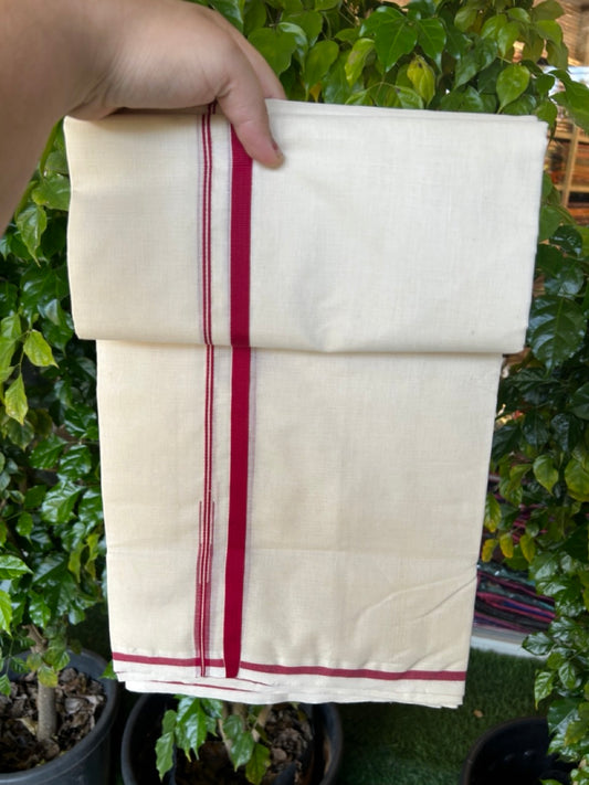 25% Discount KaithariKada HANDLOOM Millpaav Balaramapuram - 100% PURE Cotton OFF WHITE (Unbleached) Double Mundu/Dhoti - 80X90 - Puliyilakkara 1 cm Reddish Maroon Chutty Kara 4 mtr (8.5 muzham)- 22KK5234 RAM