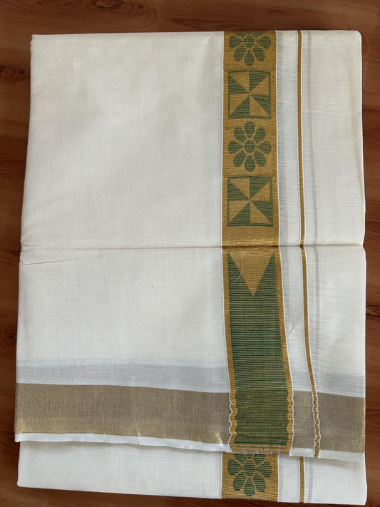 Double Off White (Unbleached) Mund/Dhoti - 20% Discount! KaithariKada Balaramapuram - Mixed Cotton (60s) - 1.5 inch Kasav Green Jacquard design chutty Kara 4.00 mtr (8.5 Muzham) - 11 KK5398 PMC