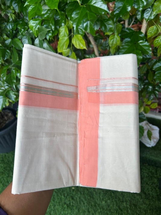25% DISCOUNT!! KaithariKada HANDLOOM MILLPAAV Balaramapuram - 100% PURE Cotton OFF White (Unbleached) Double Mundu/Dothi - 80x90 - 1.5 inch Silver kasavu stripes Peach Pink Mulloth Kara 4.5 Meters (10 Muzham) - 63KK5234 RAM