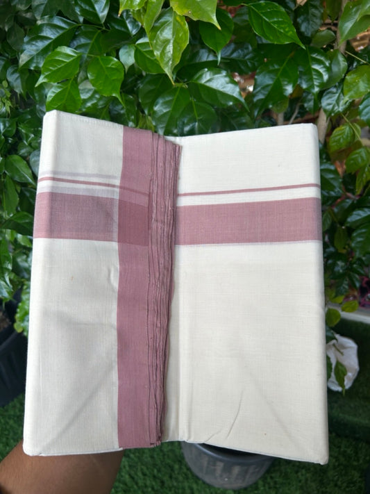 25% DISCOUNT!! KaithariKada HANDLOOM MILLPAAV Balaramapuram - 100% PURE Cotton OFF White (Unbleached) Double Mundu/Dothi - 80x90 - 1.5 inch Dusty Rose Mulloth Kara 4.5 Meters (10 Muzham) - 55KK5234 RAM