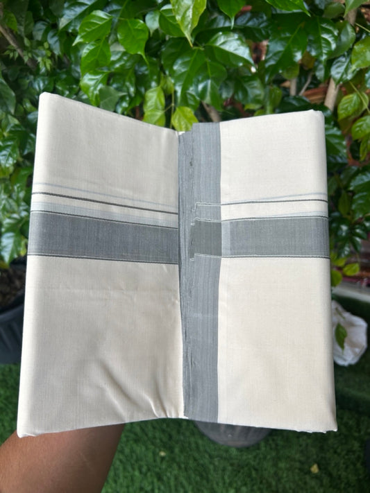 25% DISCOUNT!! KaithariKada HANDLOOM MILLPAAV Balaramapuram - 100% PURE Cotton OFF White (Unbleached) Double Mundu/Dothi - 80x90 - 1.25 inch Ash Grey Mulloth Kara 4.16 Meters (9 Muzham) - 60KK5234 RAM