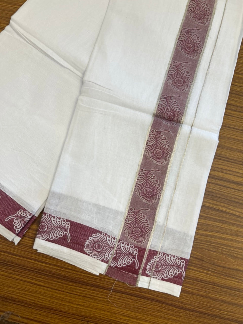 20% Discount ! Kaitharikada Balaramapuram 100% Pure Cotton Double Pure White Mundu/Dothi - 100x100 - 1.75 inch Silver Kasav Maroon Feather Design jacquard Kara 3.80 mtr (8 muzham) - 63 KK5299 THI