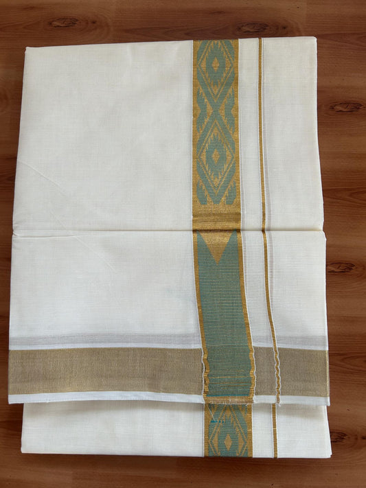 Double Off White (Unbleached) Mund/Dhoti - 20% Discount! KaithariKada Balaramapuram - Mixed Cotton (60s) - 1.5 inch Kasav Turquoise Green Jacquard design chutty Kara 4.00 mtr (8.5 Muzham) - 9 KK5398 PMC