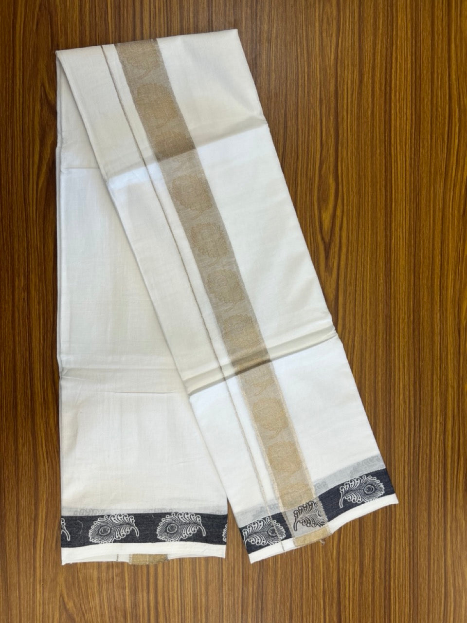 20% Discount ! Kaitharikada Balaramapuram 100% Pure Cotton Double Pure White Mundu/Dothi - 100x100 - 1.75 inch Silver Gold Kasav Black Feather Design jacquard Kara 3.80 mtr (8 muzham) - 62 KK5299 THI