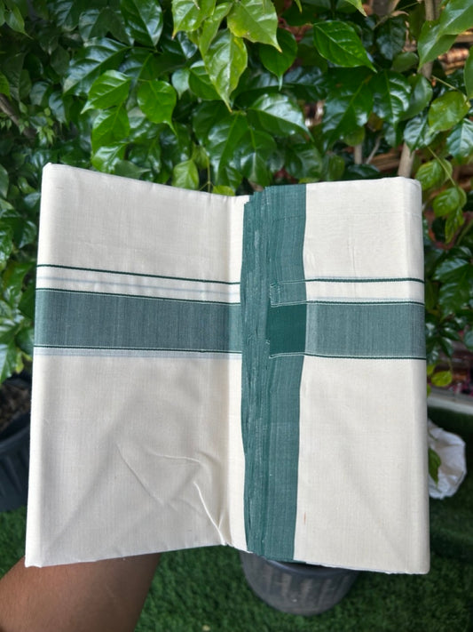 25% DISCOUNT!! KaithariKada HANDLOOM MILLPAAV Balaramapuram - 100% PURE Cotton OFF White (Unbleached) Double Mundu/Dothi - 80x90 - 1.5 inch Dark Green Mulloth Kara 4 Meters (8.5 Muzham) - 61KK5234 RAM
