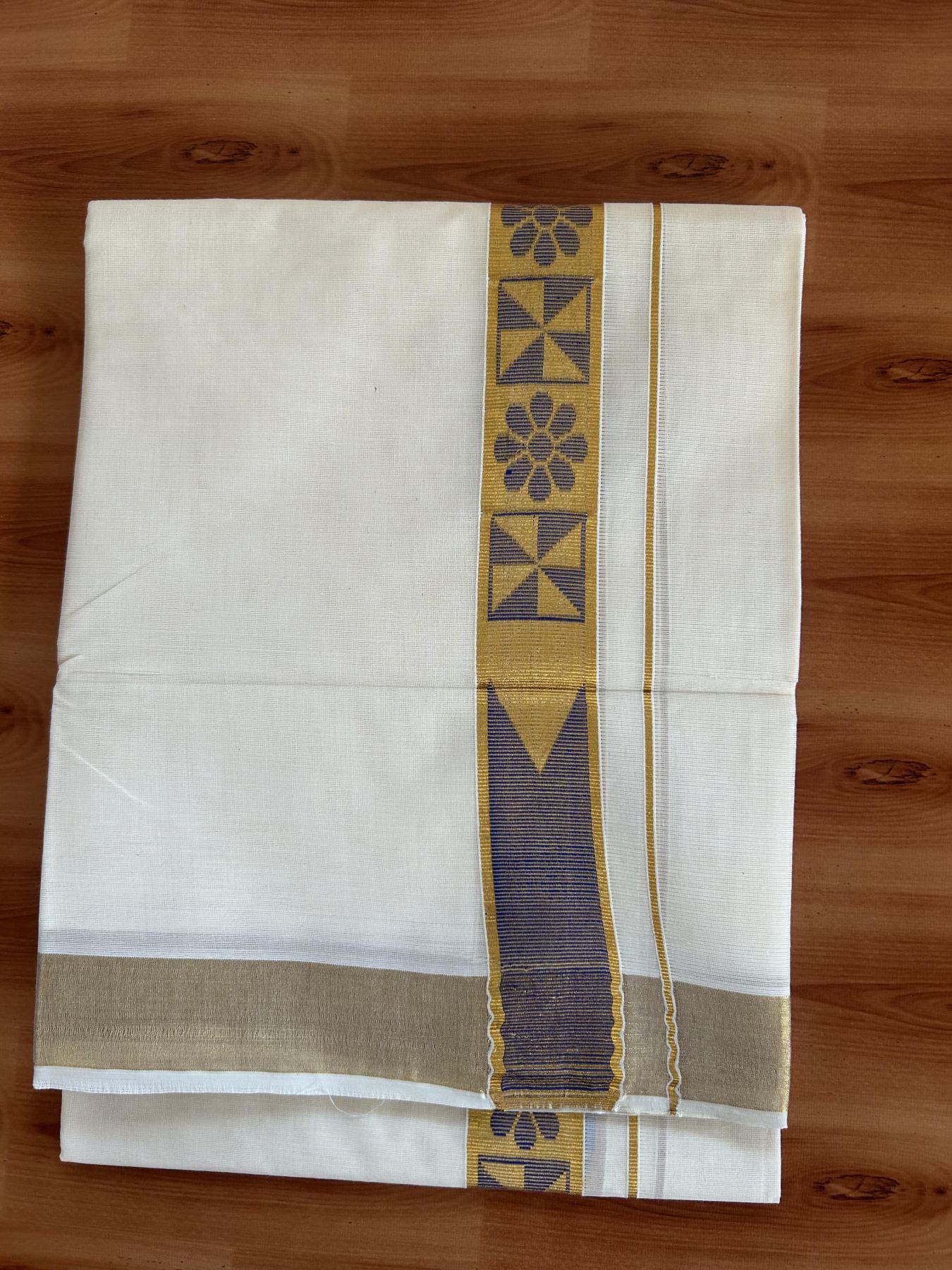 Double Off White (Unbleached) Mund/Dhoti - 20% Discount! KaithariKada Balaramapuram - Mixed Cotton (60s) - 1.5 inch Kasav Blue Jacquard design chutty Kara 4.00 mtr (8.5 Muzham) - 12 KK5398 PMC