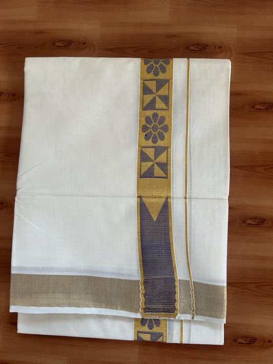 Double Off White (Unbleached) Mund/Dhoti - 20% Discount! KaithariKada Balaramapuram - Mixed Cotton (60s) - 1.5 inch Kasav Blue Jacquard design chutty Kara 4.00 mtr (8.5 Muzham) - 12 KK5398 PMC
