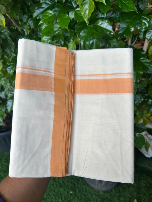25% DISCOUNT!! KaithariKada HANDLOOM MILLPAAV Balaramapuram - 100% PURE Cotton OFF White (Unbleached) Double Mundu/Dothi - 80x90 - 1.25 inch Light Orange Mulloth Kara 4.5 Meters (10 Muzham) - 56KK5234 RAM