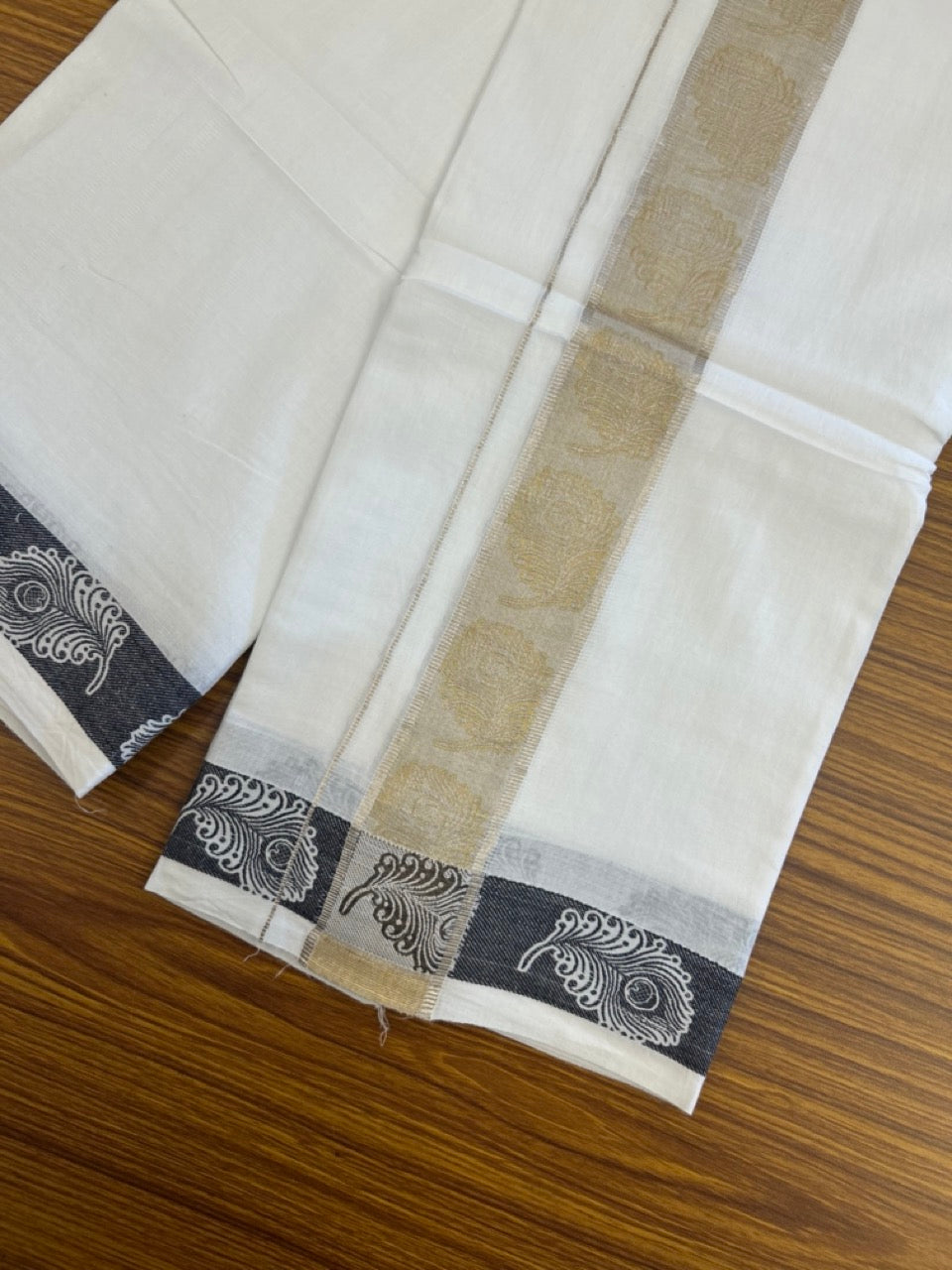 20% Discount ! Kaitharikada Balaramapuram 100% Pure Cotton Double Pure White Mundu/Dothi - 100x100 - 1.75 inch Silver Gold Kasav Black Feather Design jacquard Kara 3.80 mtr (8 muzham) - 62 KK5299 THI