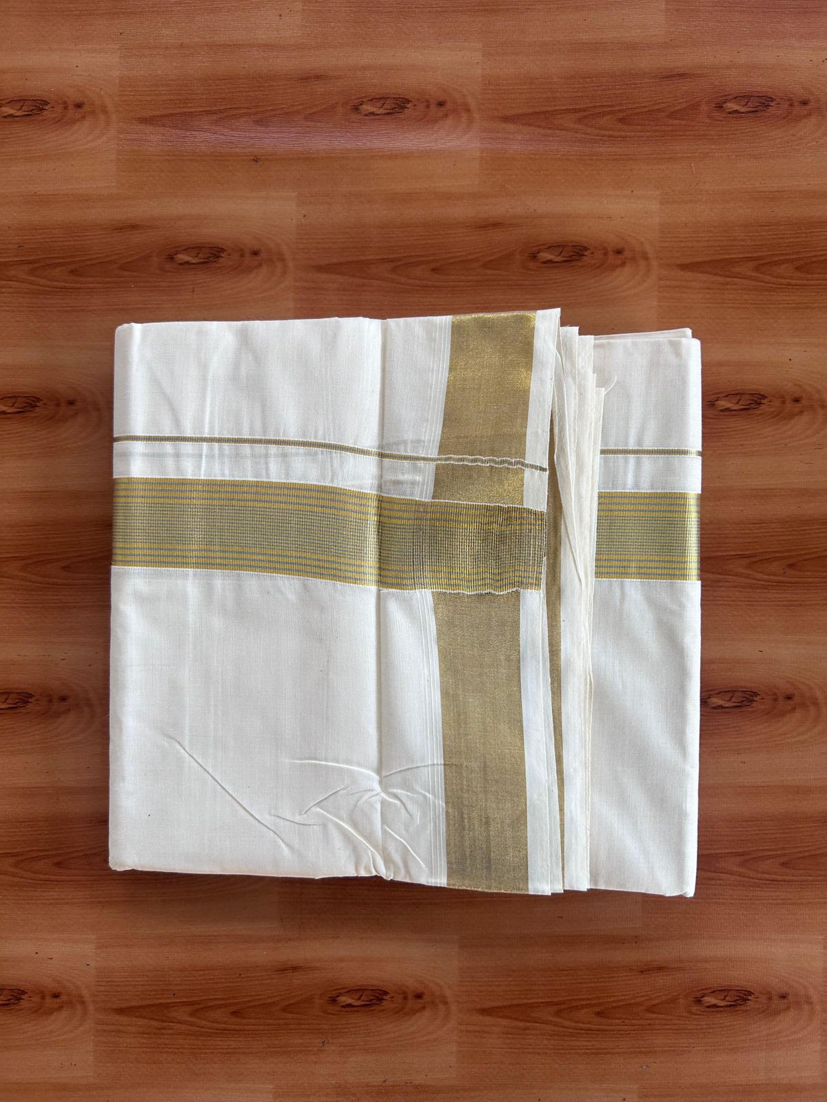 Off White (Unbleached) Double Mundu/Dhoti - 20% Discount ! KaithariKada - Pure cotton - 100x80 - 1.5 inch Gold & Silver Kasav Striped Kara 4 mtr (8.5 muzham) - 15 KK5514 VIN