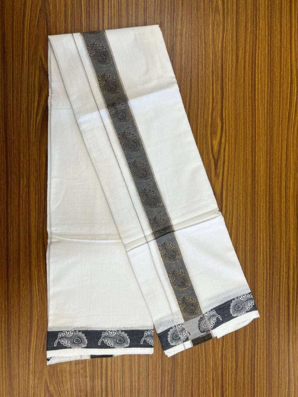 20% Discount ! Kaitharikada Balaramapuram 100% Pure Cotton Double Pure White Mundu/Dothi - 100x100 - 1.75 inch Silver Gold Kasav Black Feather Design jacquard Kara 3.80 mtr (8 muzham) - 61 KK5299 THI