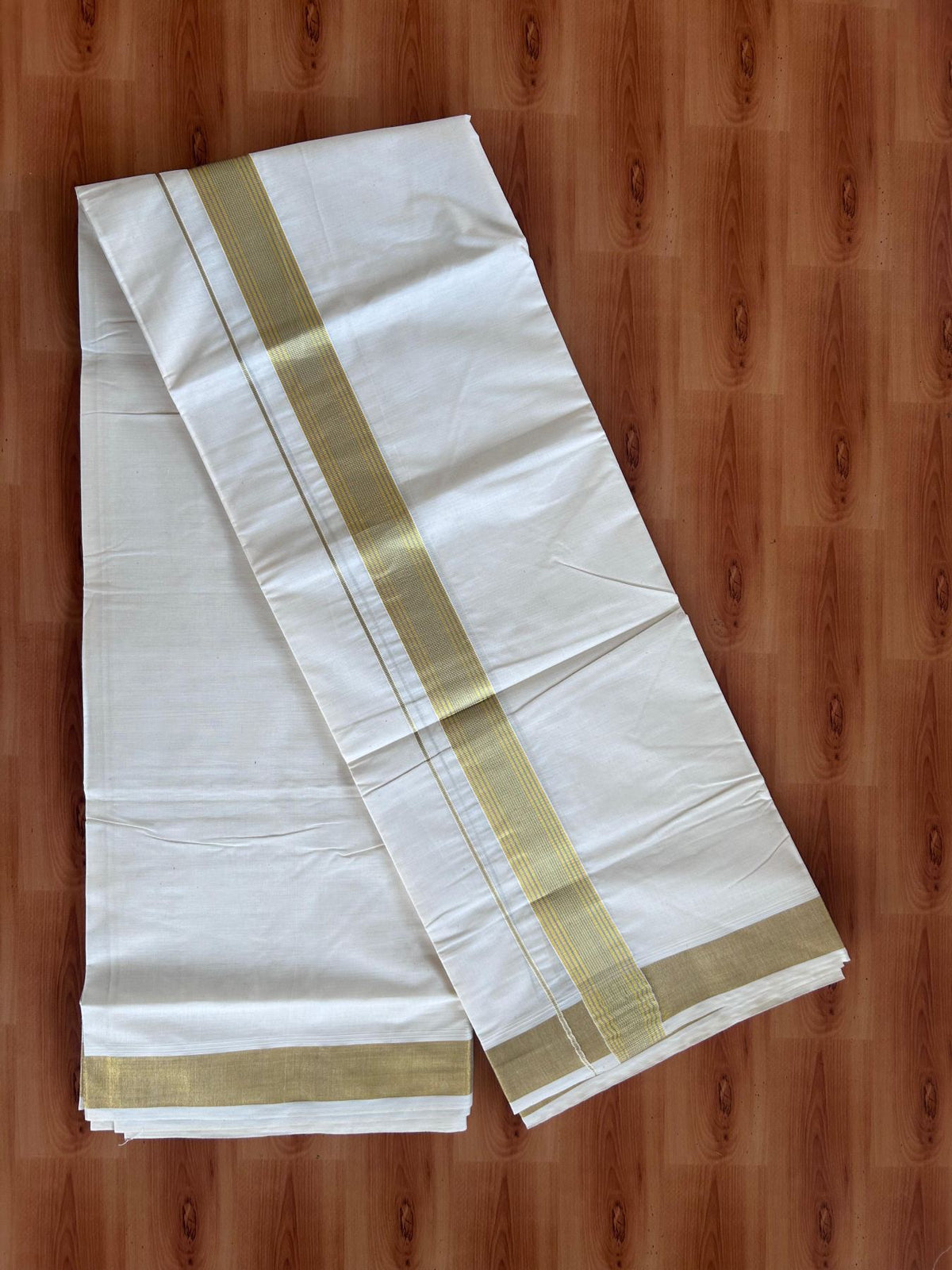 Off White (Unbleached) Double Mundu/Dhoti - 20% Discount ! KaithariKada - Pure cotton - 100x80 - 1.5 inch Gold & Silver Kasav Striped Kara 4 mtr (8.5 muzham) - 15 KK5514 VIN