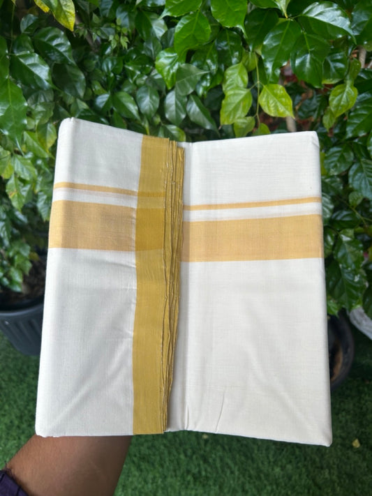 25% DISCOUNT!! KaithariKada HANDLOOM MILLPAAV Balaramapuram - 100% PURE Cotton OFF White (Unbleached) Double Mundu/Dothi - 80x90 - 1.5 inch Mustard Yellow Mulloth Kara 4.5 Meters (10 Muzham) - 58KK5234 RAM