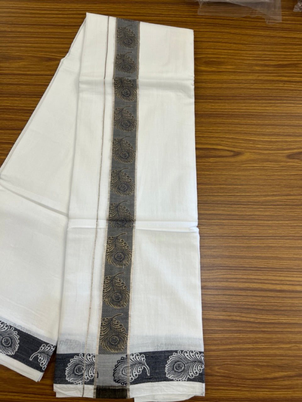 20% Discount ! Kaitharikada Balaramapuram 100% Pure Cotton Double Pure White Mundu/Dothi - 100x100 - 1.75 inch Silver Gold Kasav Black Feather Design jacquard Kara 3.80 mtr (8 muzham) - 61 KK5299 THI