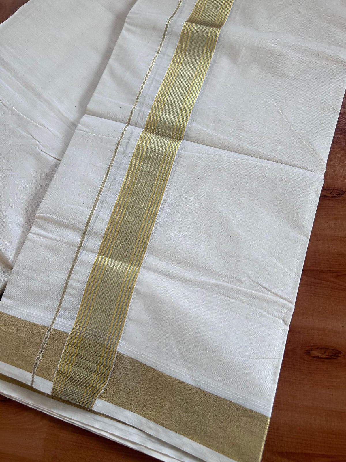 Off White (Unbleached) Double Mundu/Dhoti - 20% Discount ! KaithariKada - Pure cotton - 100x80 - 1.5 inch Gold & Silver Kasav Striped Kara 4 mtr (8.5 muzham) - 15 KK5514 VIN