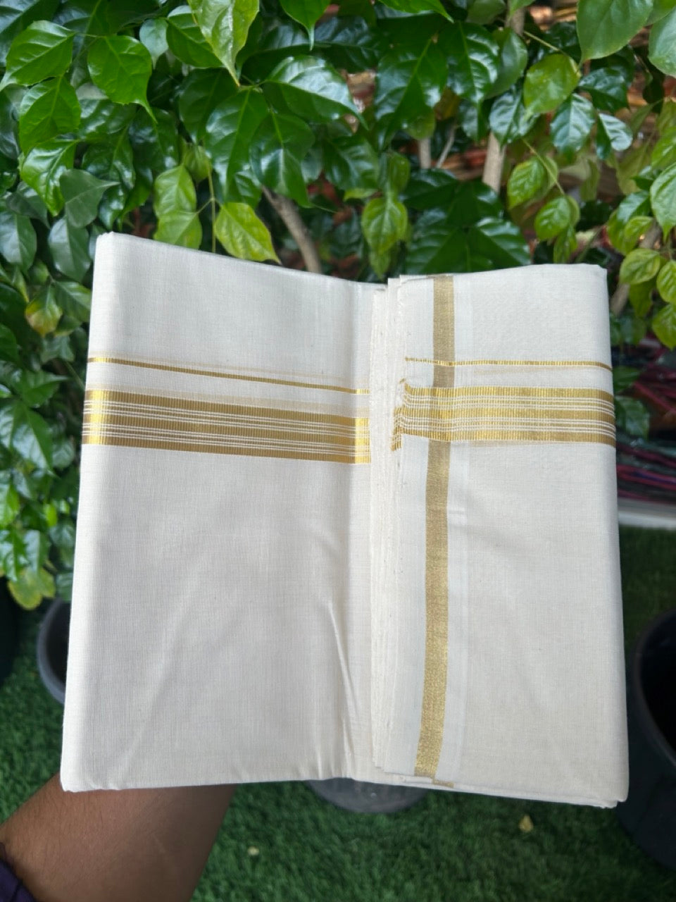 25% DISCOUNT!! KaithariKada HANDLOOM MILPAAV Balaramapuram - 100% PURE Cotton OFF White Double - (Unbleached) Mundu/Dothi - 80x90 - 1 inch Kasavu & White striped Kara - 80 KK5234 RAM