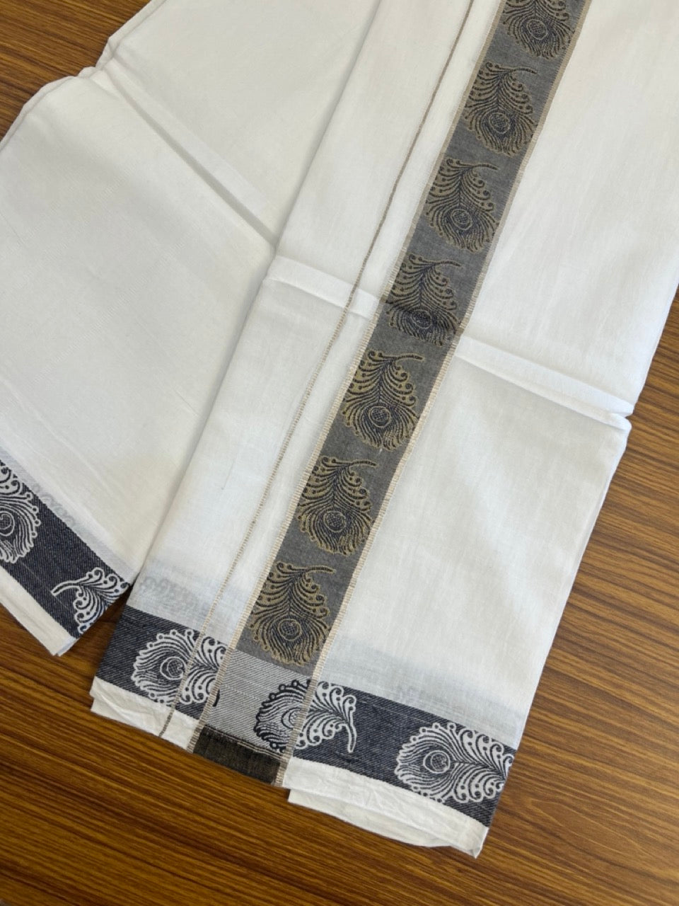 20% Discount ! Kaitharikada Balaramapuram 100% Pure Cotton Double Pure White Mundu/Dothi - 100x100 - 1.75 inch Silver Gold Kasav Black Feather Design jacquard Kara 3.80 mtr (8 muzham) - 61 KK5299 THI