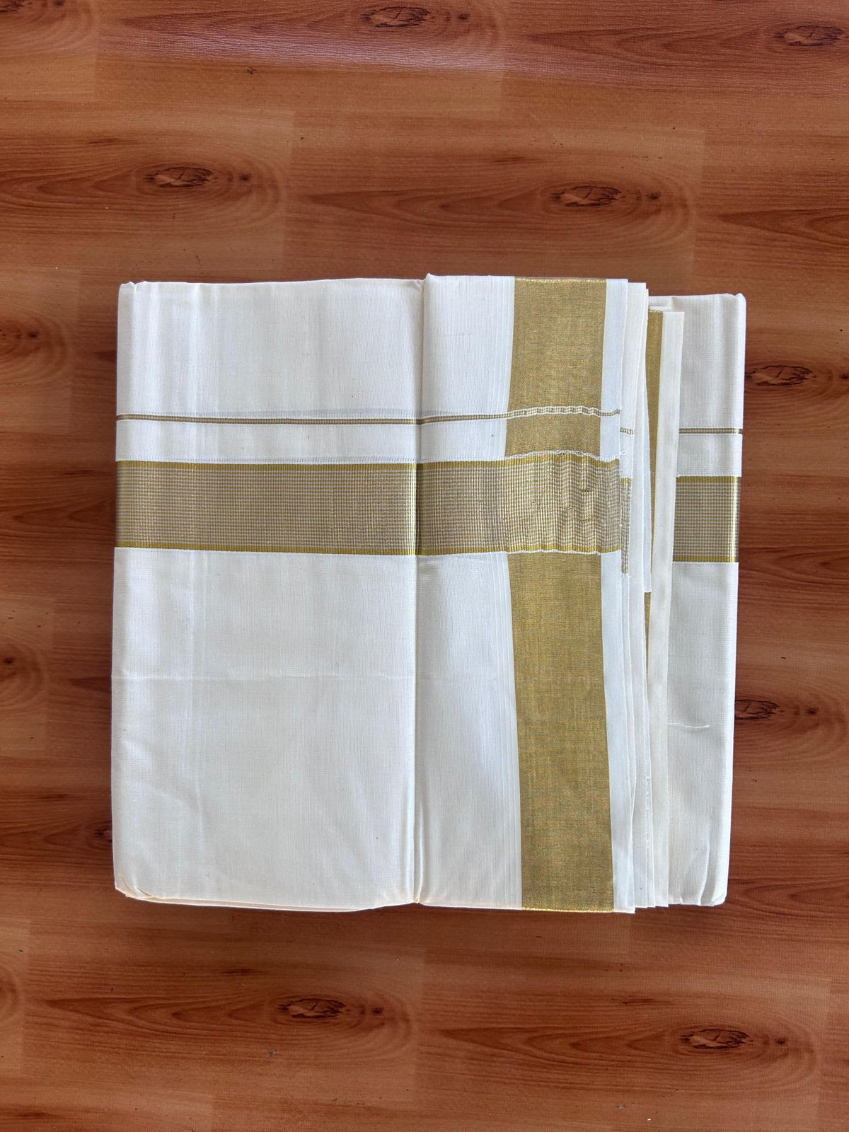 Off White (Unbleached) Double Mundu/Dhoti - 20% Discount ! KaithariKada - Pure cotton - 100x80 - 1.5 inch Gold & Silver Kasav Striped Kara 4 mtr (8.5 muzham) - 16 KK5514 VIN