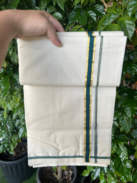 25% DISCOUNT!! KaithariKada HANDLOOM MILPAAV Balaramapuram - 100% PURE Cotton OFF White Double - (Unbleached) Mundu/Dothi - 80x90 - 0.75 Inch Kasavu Dark Green Puliyilakkara chutty - 67KK5234 RAM