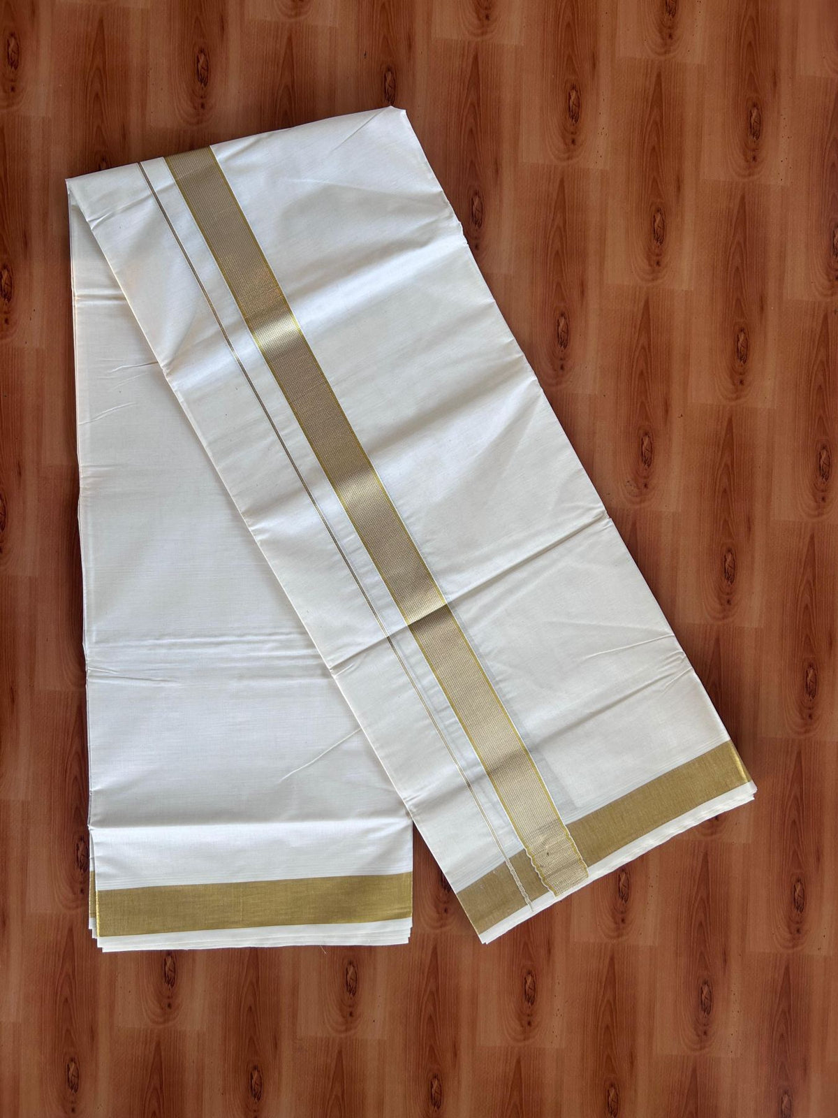 Off White (Unbleached) Double Mundu/Dhoti - 20% Discount ! KaithariKada - Pure cotton - 100x80 - 1.5 inch Gold & Silver Kasav Striped Kara 4 mtr (8.5 muzham) - 16 KK5514 VIN