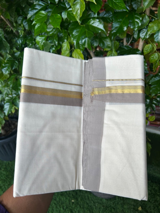 25% Discount! KaithariKada HANDLOOM MILLPAAV Balaramapuram - 100% PURE Cotton OFF White (Unbleached) Double Mundu/Dothi - 80x90 - 1.25 inch Kasavu stripes Light Grey Mulloth Kara 4.5 Meters (10 Muzham) - 65KK5234 RAM