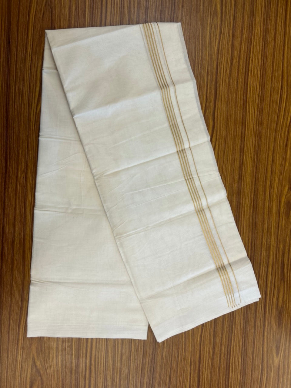 20% Discount ! Kaitharikada Balaramapuram 100% Cotton Off White Double (Unbleached) Mundu/Dothi - 100x80 - 0.75 inch Gold Kasav Stripes Kara 3.80 mtr (8 muzham) - 43 KK5299 THI