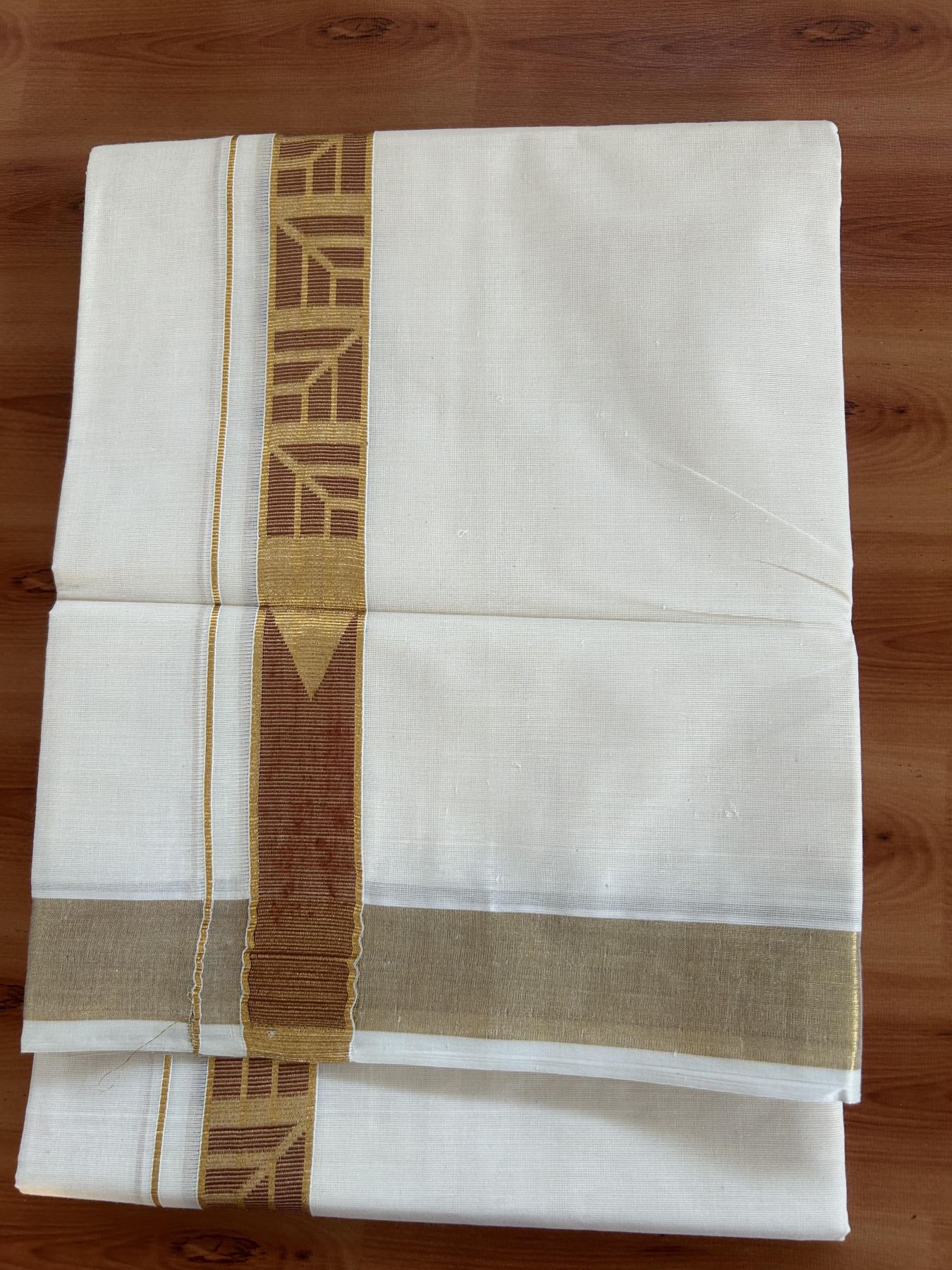 Double Off White (Unbleached) Mund/Dhoti - 20% Discount! KaithariKada Balaramapuram - Mixed Cotton (60s) - 1.5 inch Kasav Brick red Jacquard design chutty Kara 4.00 mtr (8.5 Muzham) -  24 KK5398 PMC