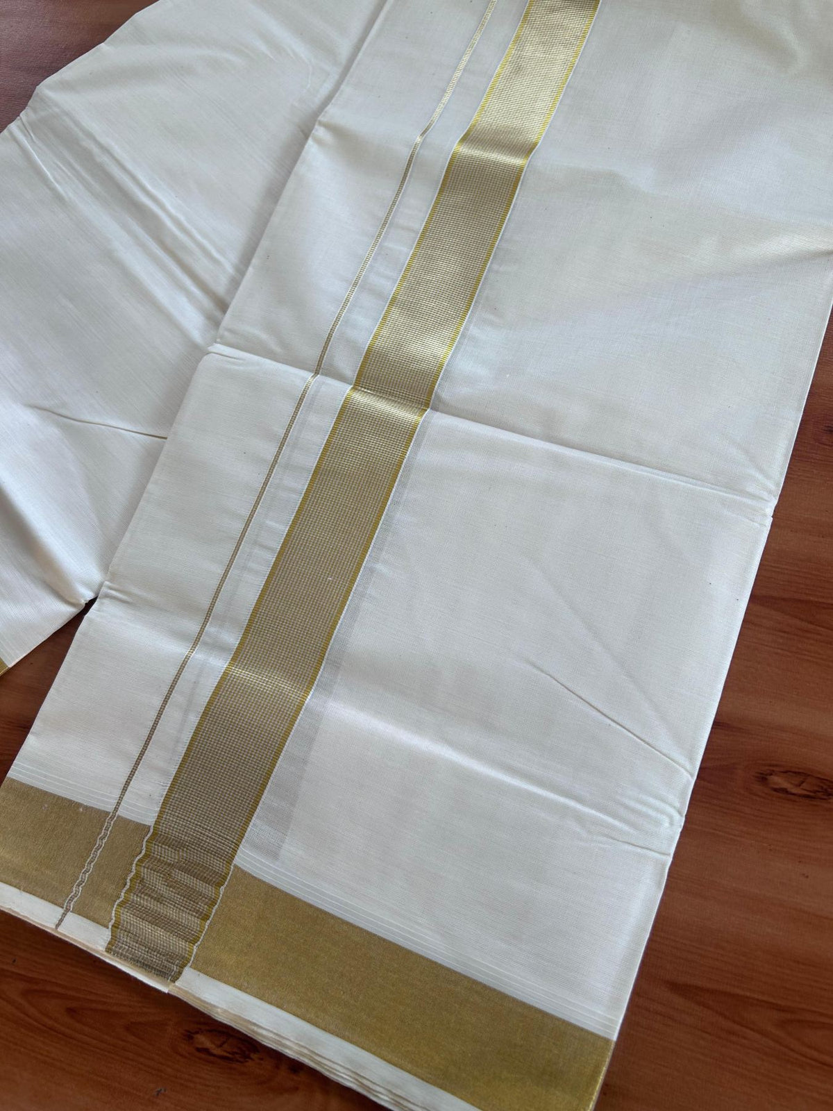 Off White (Unbleached) Double Mundu/Dhoti - 20% Discount ! KaithariKada - Pure cotton - 100x80 - 1.5 inch Gold & Silver Kasav Striped Kara 4 mtr (8.5 muzham) - 16 KK5514 VIN