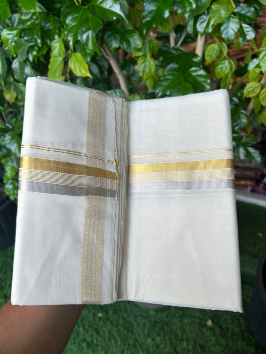 25% DISCOUNT!! KaithariKada HANDLOOM MILPAAV Balaramapuram - 100% PURE Cotton OFF White Double - (Unbleached) Mundu/Dothi - 80x90 - 1.5 inch Gold silver kasavu & White striped Kara - 84 KK5234 RAM