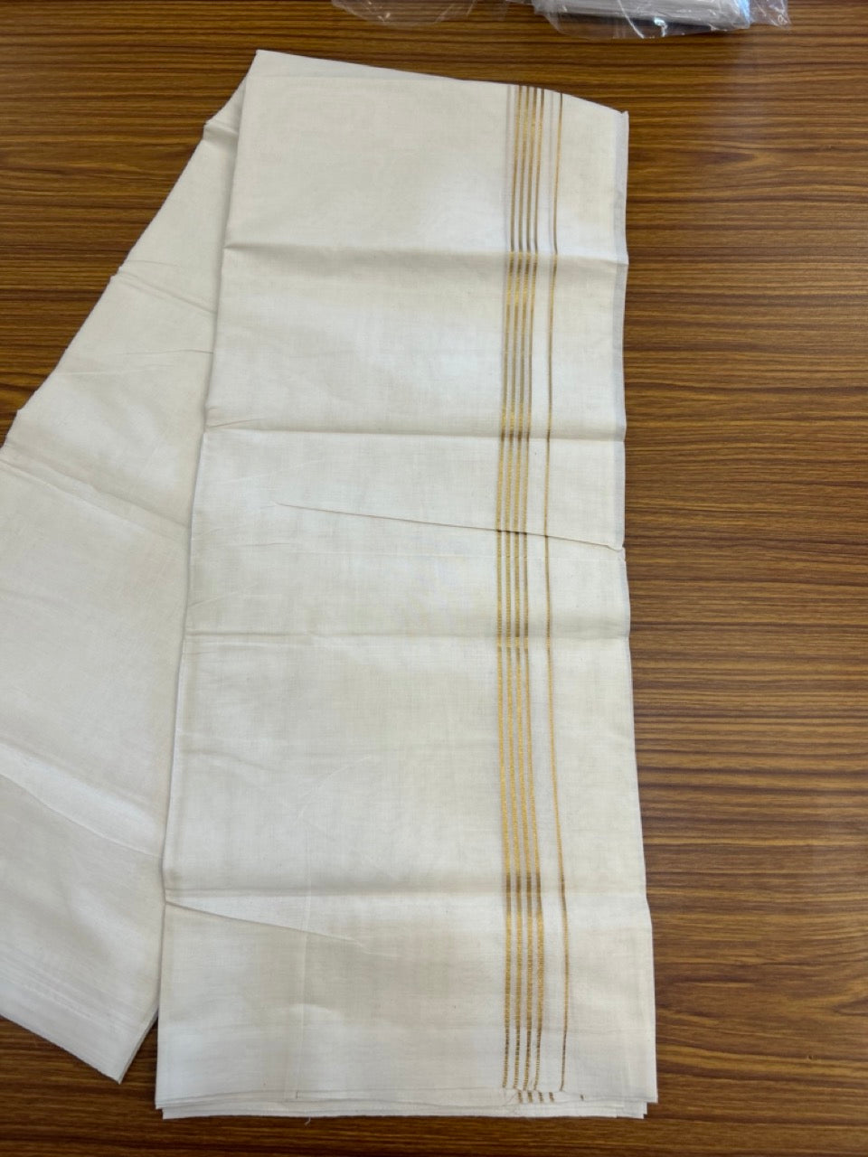 20% Discount ! Kaitharikada Balaramapuram 100% Cotton Off White Double (Unbleached) Mundu/Dothi - 100x80 - 0.75 inch Gold Kasav Stripes Kara 3.80 mtr (8 muzham) - 43 KK5299 THI