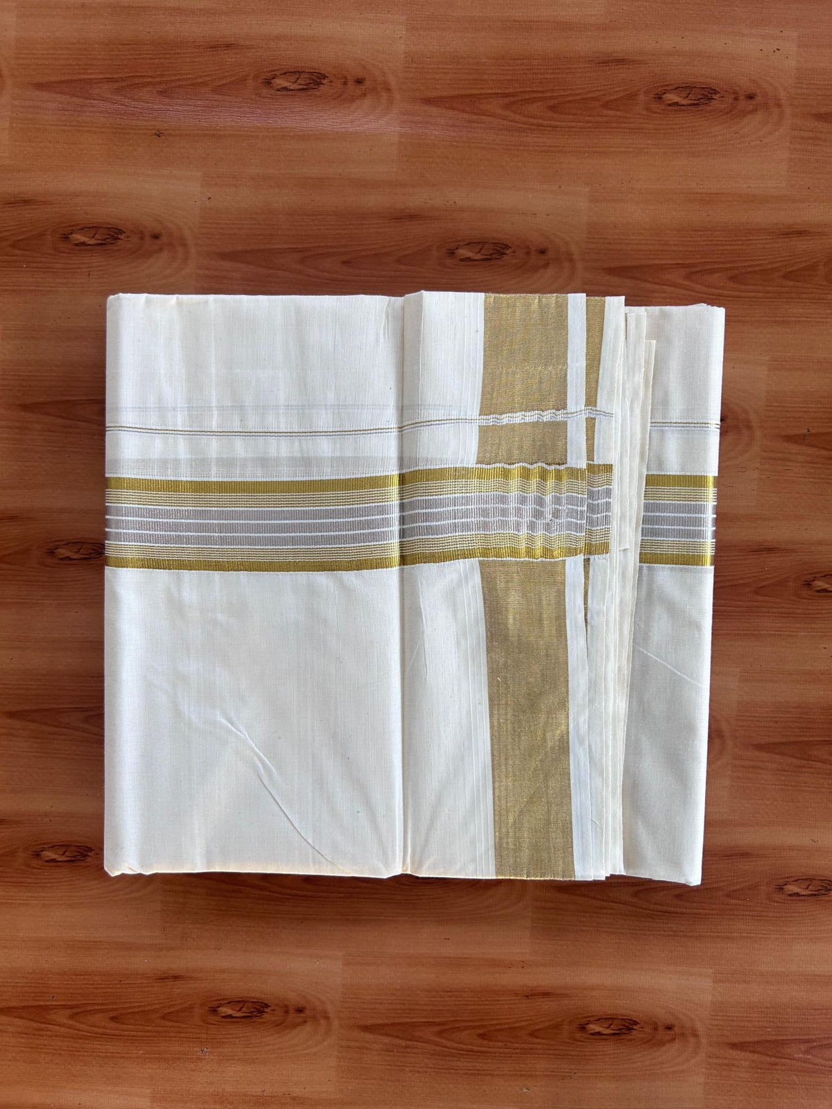 Off White (Unbleached) Double Mundu/Dhoti - 20% Discount ! KaithariKada - Pure cotton - 100x80 - 1.5 inch Gold & Silver Kasav Striped Kara 4 mtr (8.5 muzham) - 17 KK5514 VIN