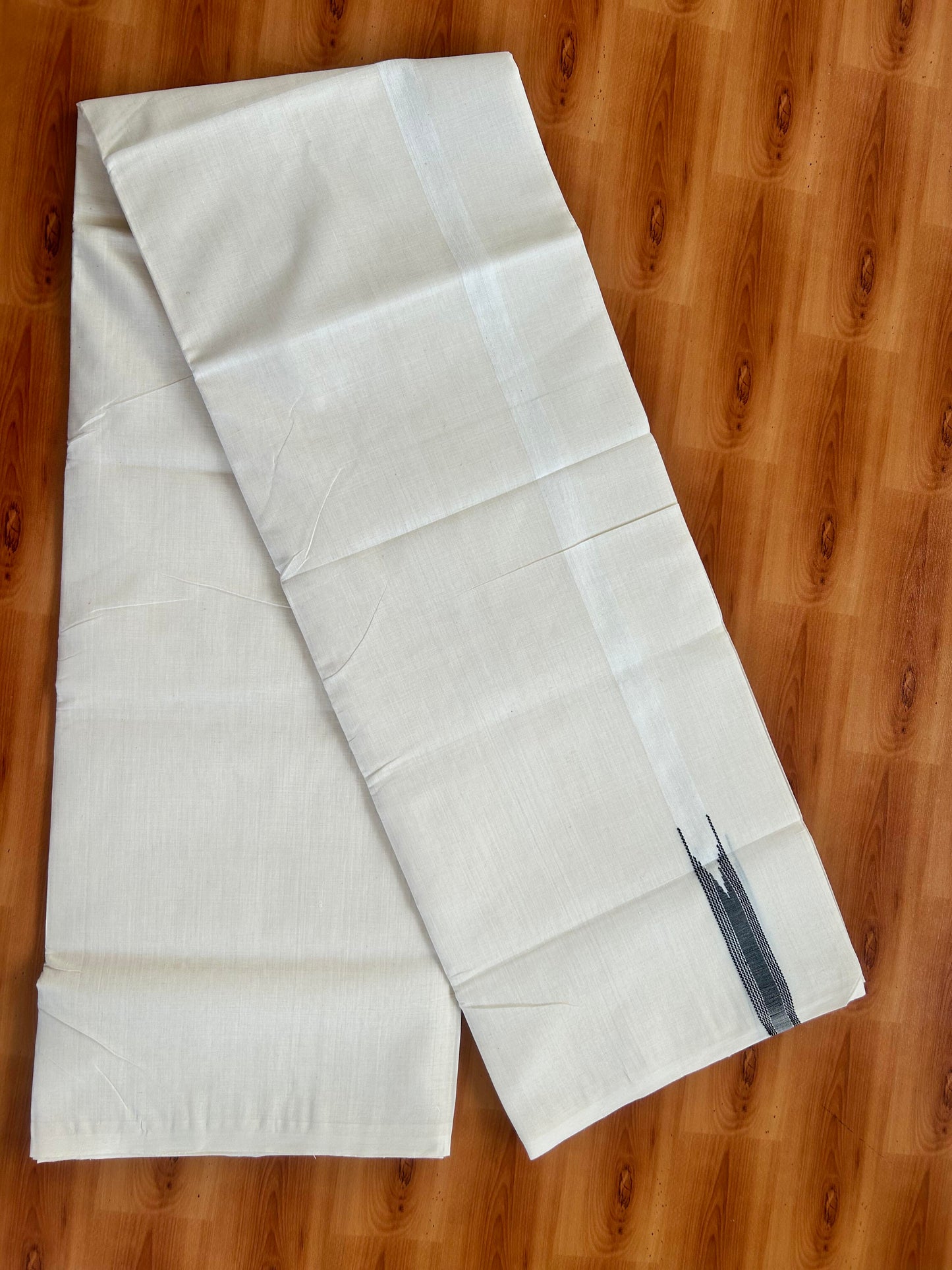 Double Off White (Unbleached) Mundu/Dhoti - 25% Discount!! KaithariKada Handloom Millpaav - Kerala Handloom - 100% Pure Cotton - 80x90 - 0.5 inch Black Striped Chutty Kara 4 meter (8.5 muzham) - 20 KK5449 YAR