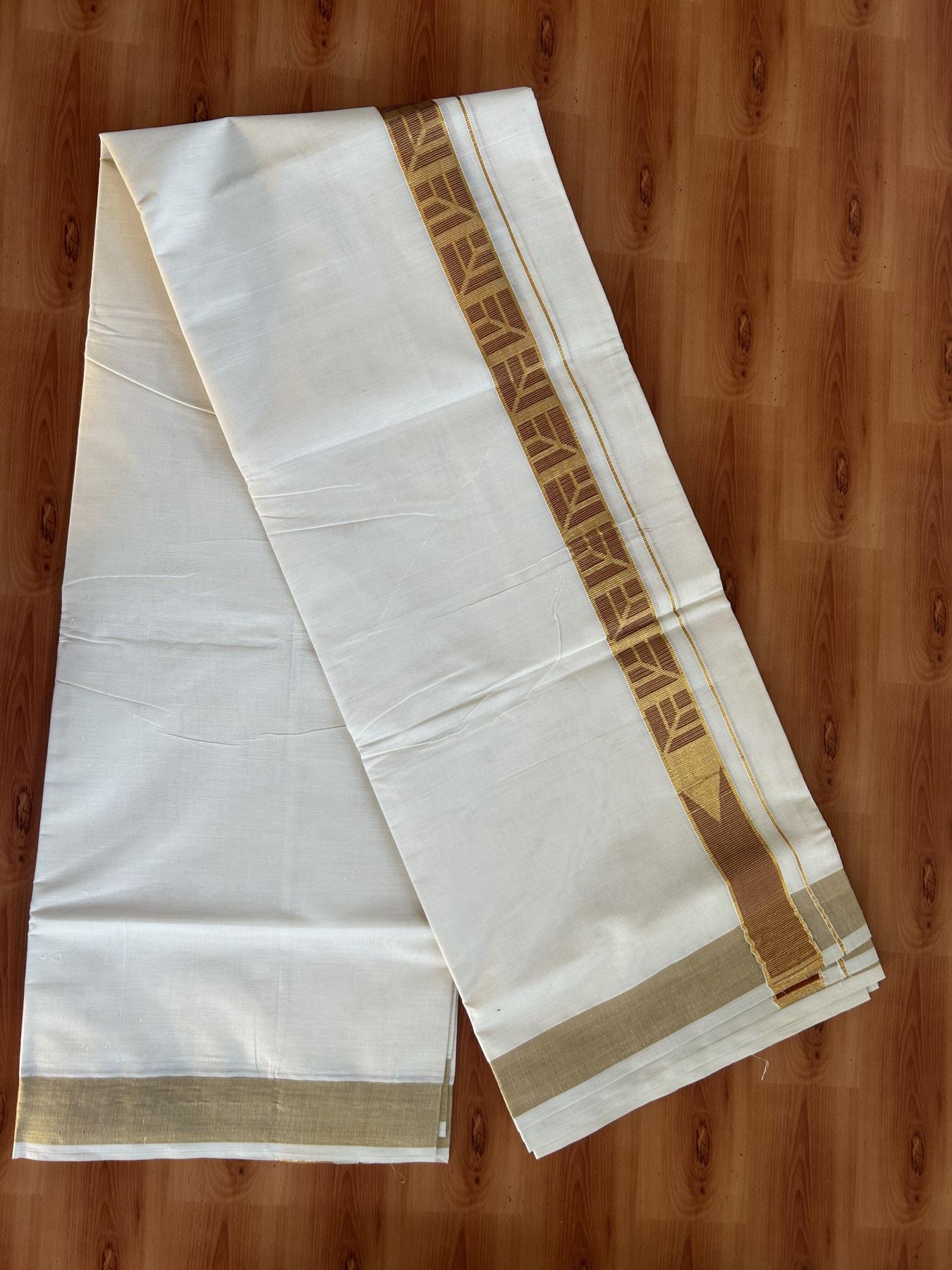 Double Off White (Unbleached) Mund/Dhoti - 20% Discount! KaithariKada Balaramapuram - Mixed Cotton (60s) - 1.5 inch Kasav Brick red Jacquard design chutty Kara 4.00 mtr (8.5 Muzham) -  24 KK5398 PMC