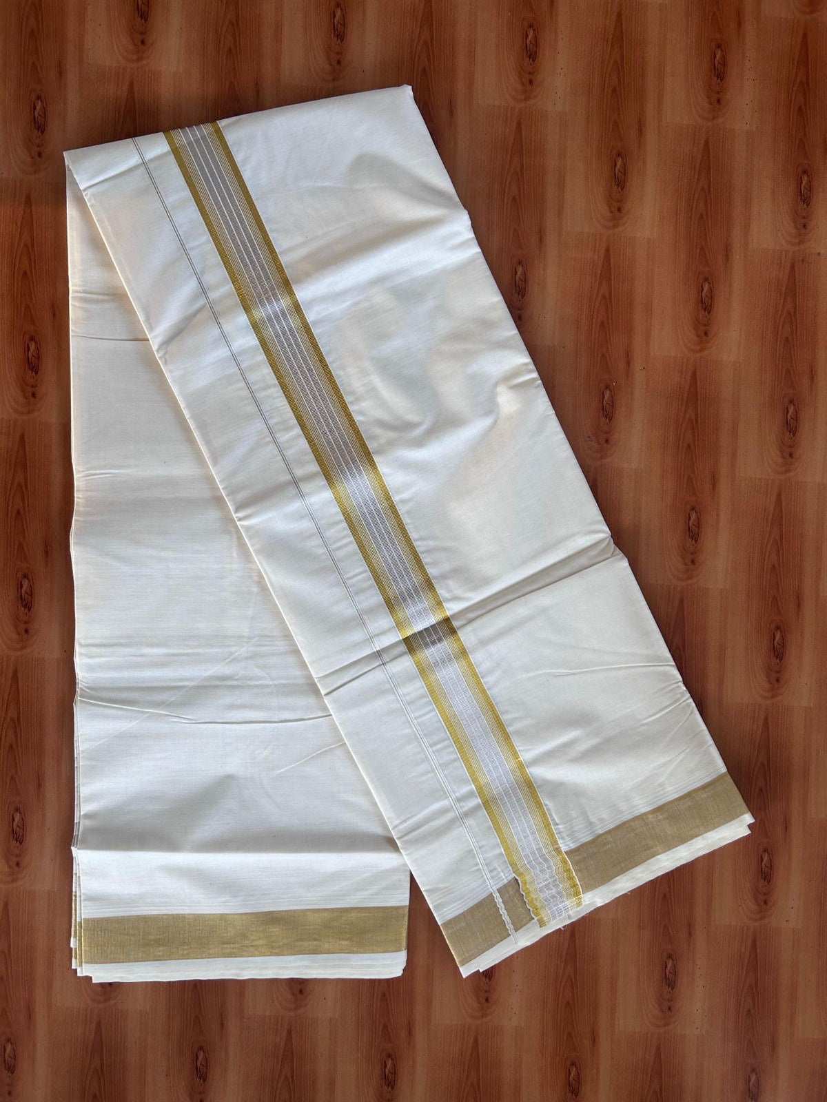 Off White (Unbleached) Double Mundu/Dhoti - 20% Discount ! KaithariKada - Pure cotton - 100x80 - 1.5 inch Gold & Silver Kasav Striped Kara 4 mtr (8.5 muzham) - 17 KK5514 VIN