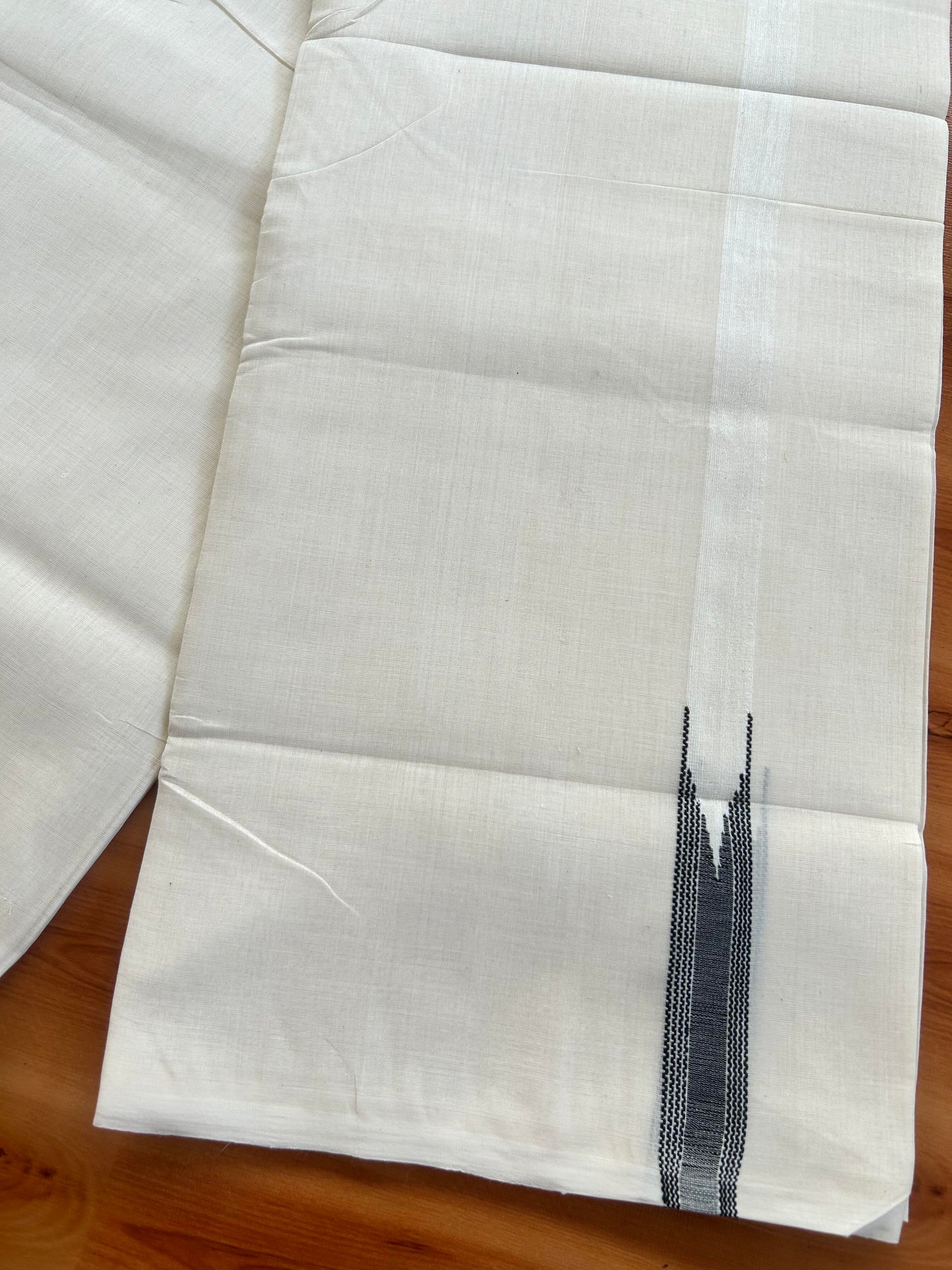 Double Off White (Unbleached) Mundu/Dhoti - 25% Discount!! KaithariKada Handloom Millpaav - Kerala Handloom - 100% Pure Cotton - 80x90 - 0.5 inch Black Striped Chutty Kara 4 meter (8.5 muzham) - 20 KK5449 YAR