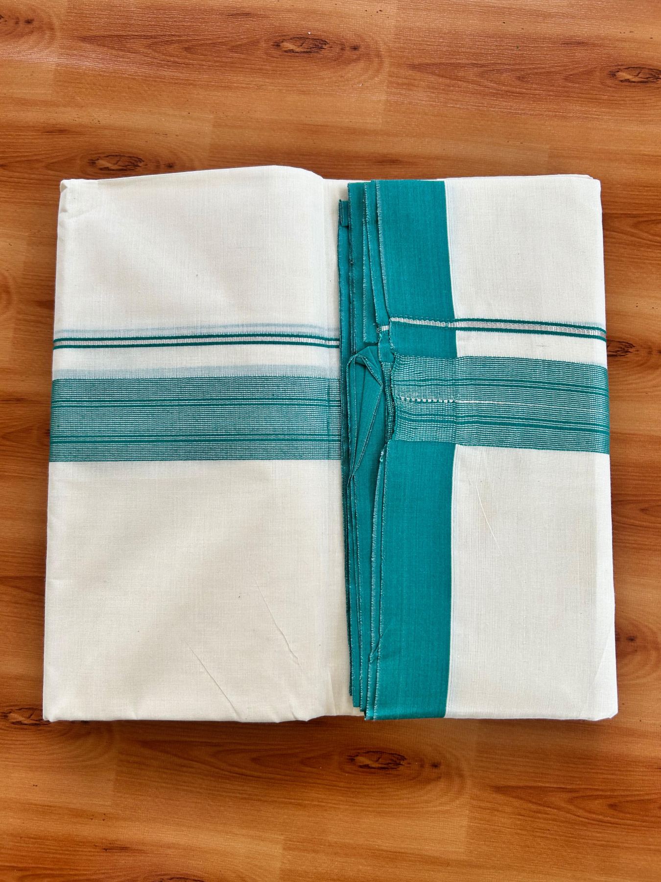 Double Off White (Unbleached) Mundu/Dhoti - 20% Discount! Kaitharikada Pure Cotton - 80x80 - 1.5 Inch Silver Kasav Jungle Green Striped Kara 4 mtr (8.5 muzham) - 1 KK5489 MRH