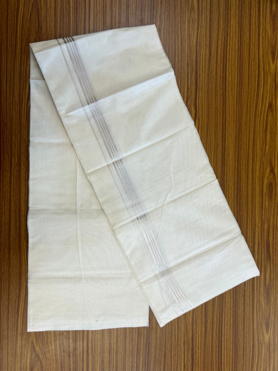 20% Discount ! Kaitharikada Balaramapuram 100% Cotton Off White Double (Unbleached) Mundu/Dothi - 100x80 - 0.75 inch Silver Kasav Stripes Kara 3.80 mtr (8 muzham) - 44 KK5299 THI